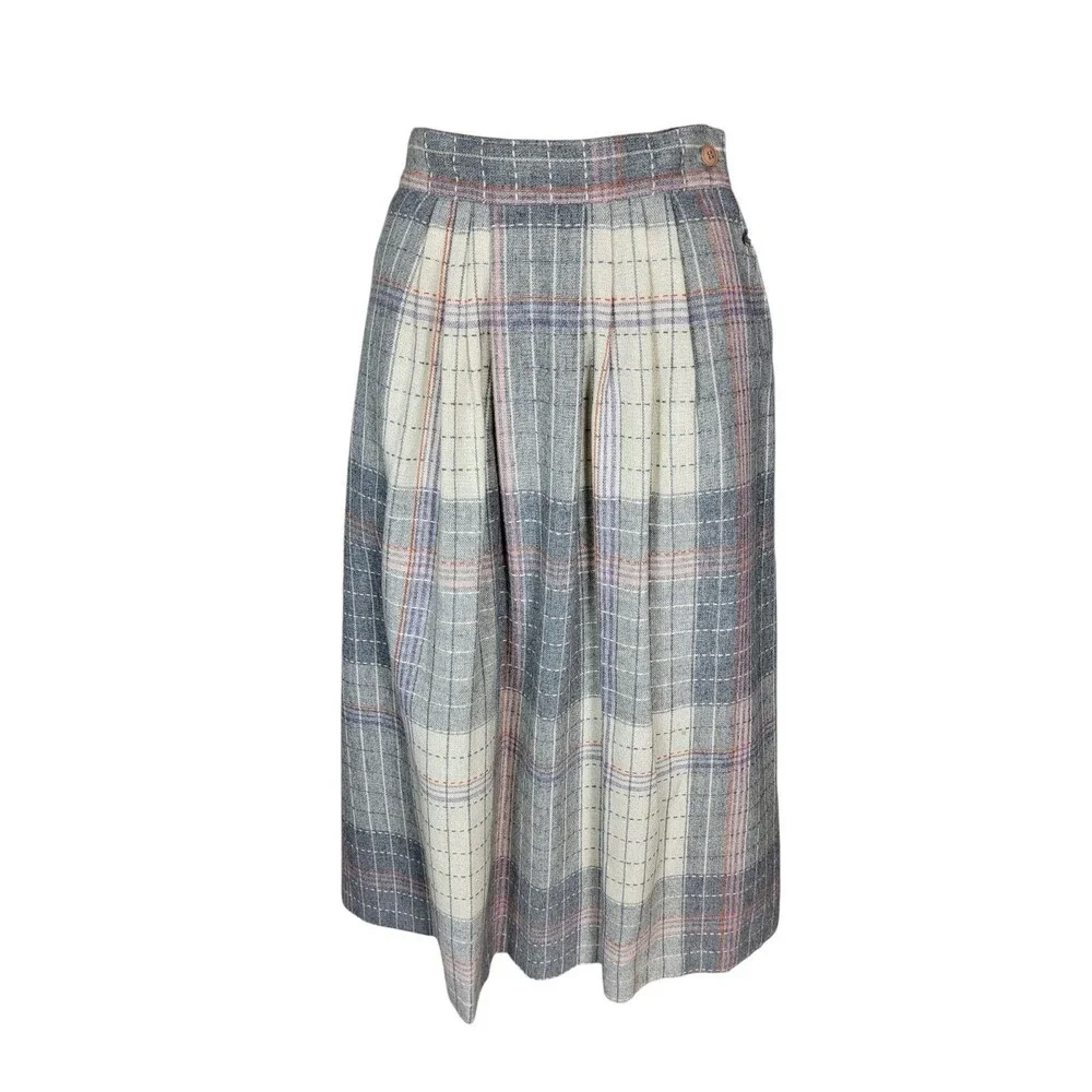 VTG 70s Wool Blend Grey Pink Plaid Tweed Midi Secretary Academia Librarian Skirt